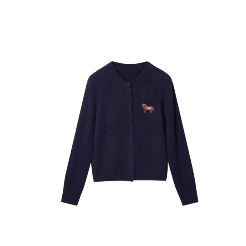 刺绣小马绞花圆领学院风针织开衫1094