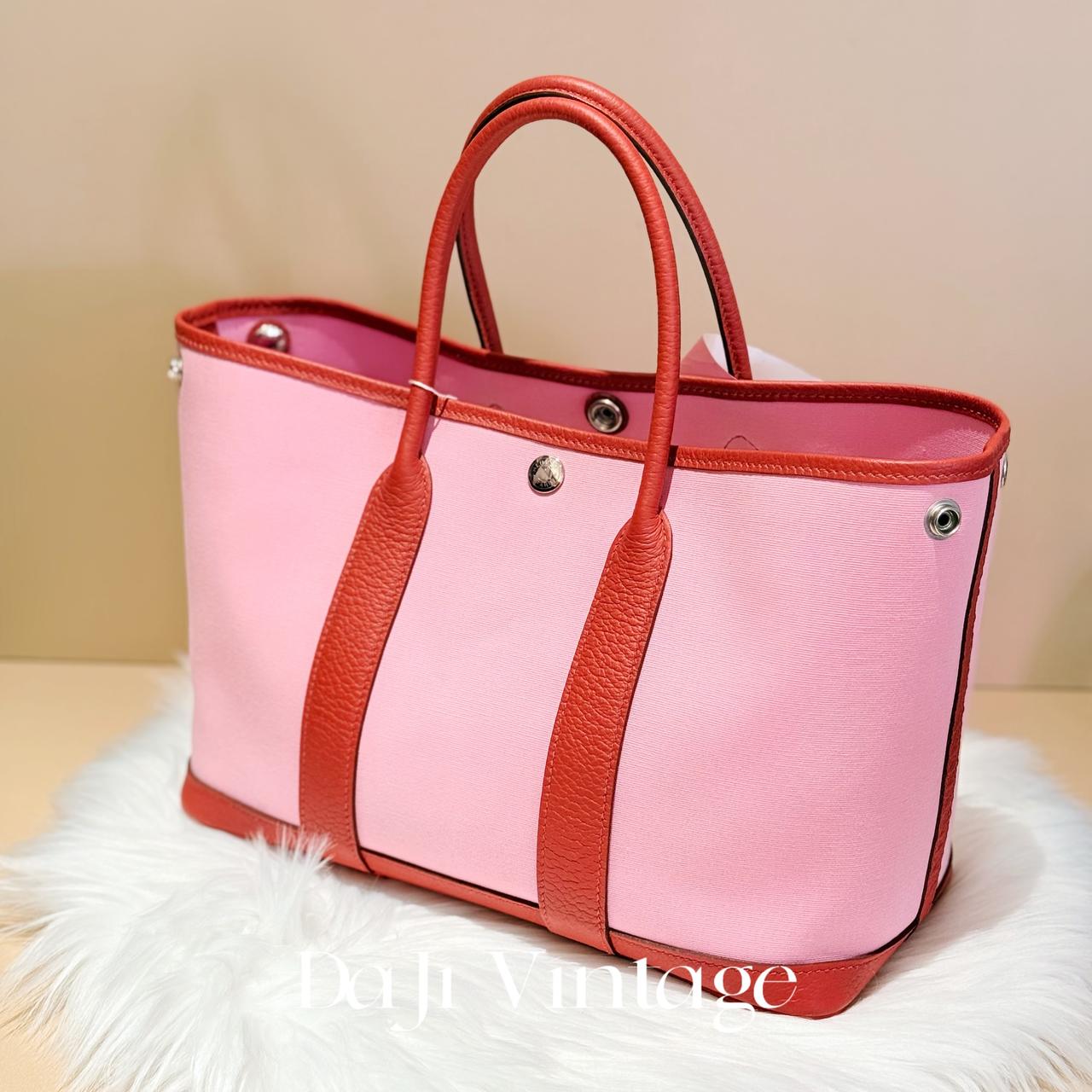 大吉中古/Hermes爱马仕Garden 30樱花粉拼伯爵夫人红拼皮手提包1