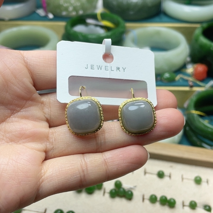 和田玉耳饰银S925镶嵌