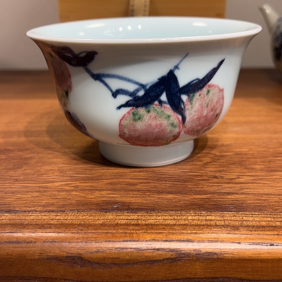 日***金青花釉里红色差放漏手工碗