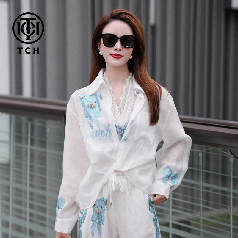 TCH烫钻工艺百搭时尚休闲白色蕾丝衬衫女T75A07E5017轻奢cth上衣