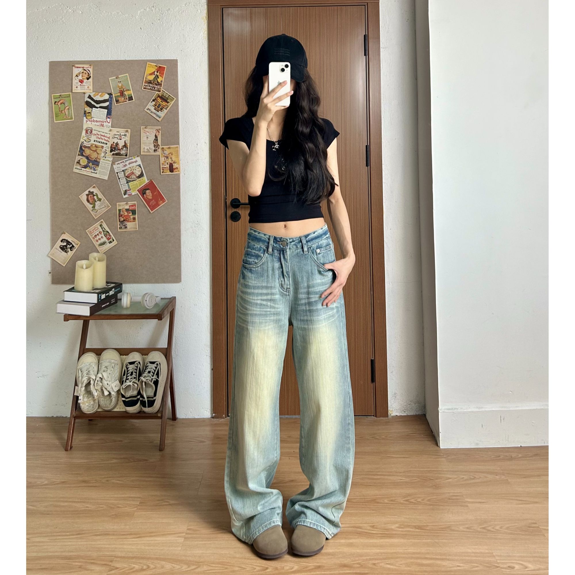 女款新款裤子2025新款复古蓝中高腰辣妹显瘦宽松阔腿直筒牛仔裤