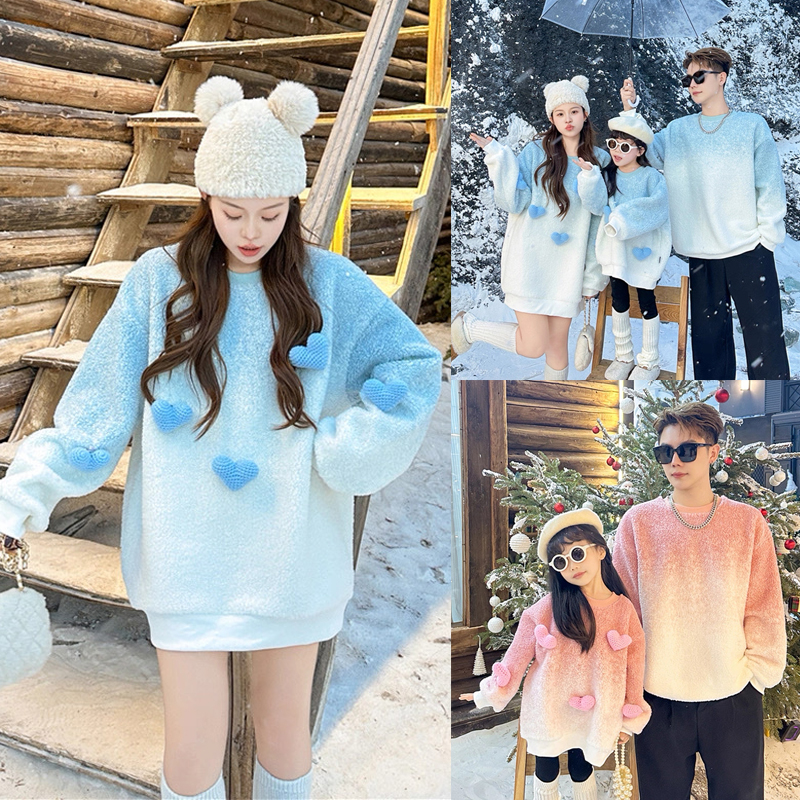 婴儿亲子装羊羔毛一家三口冬款加绒加厚保暖母女渐变色卫衣全家装