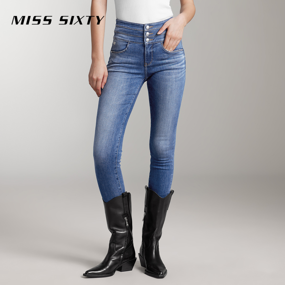 Miss Sixty含天丝牛仔裤女三环高腰九分裤修身铅笔裤