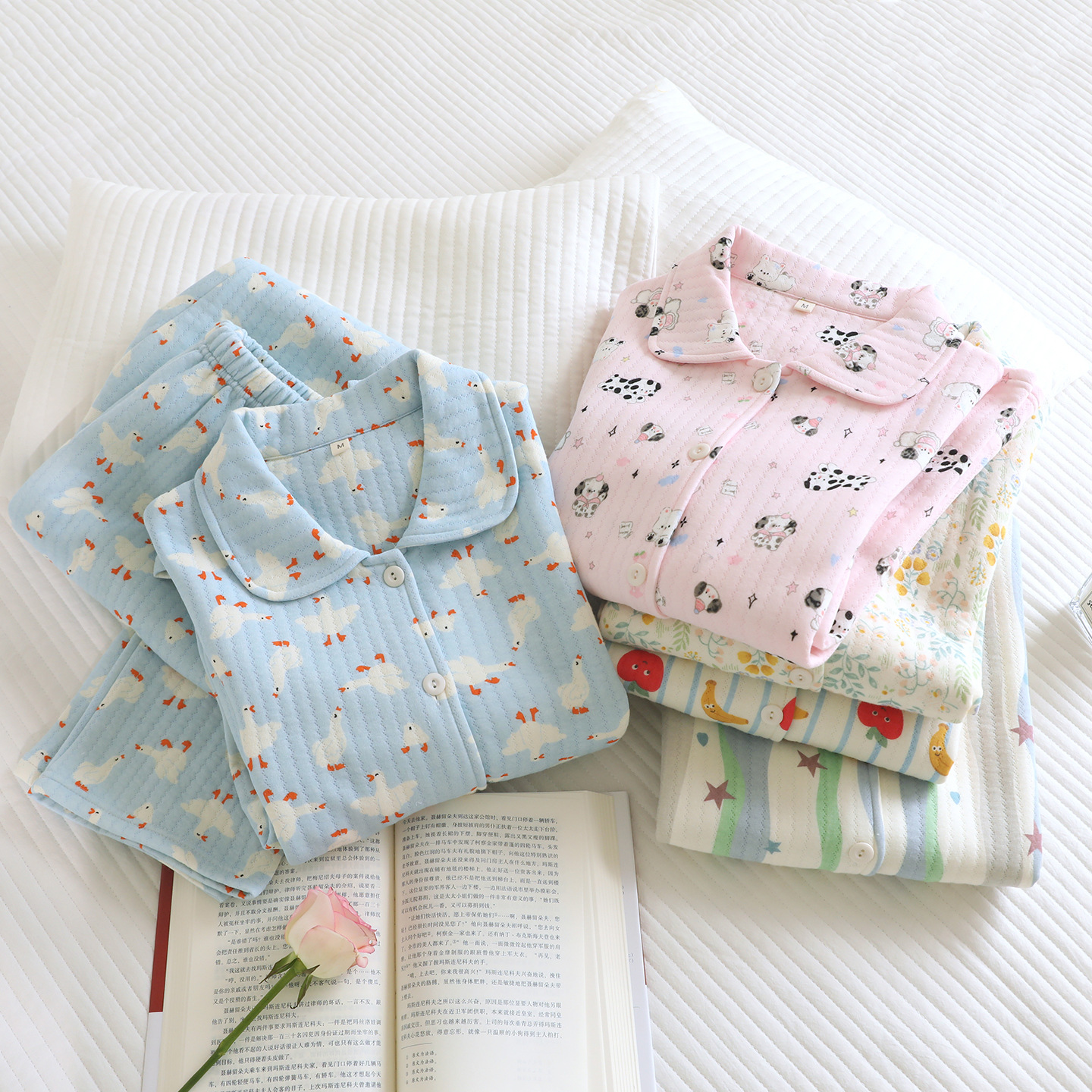 【空气棉】纯棉三层夹棉长袖长裤睡衣套装秋冬款女士大码家居服XY