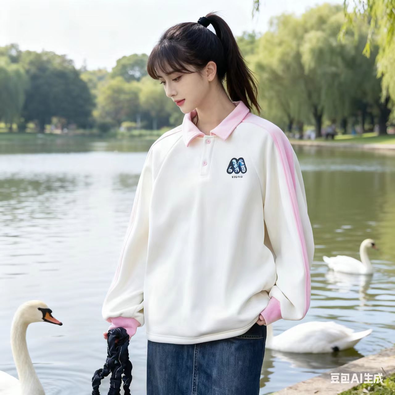 3022（现货）女大童翻领加绒款款刺绣秋冬季厚款POLO领卫衣学院风