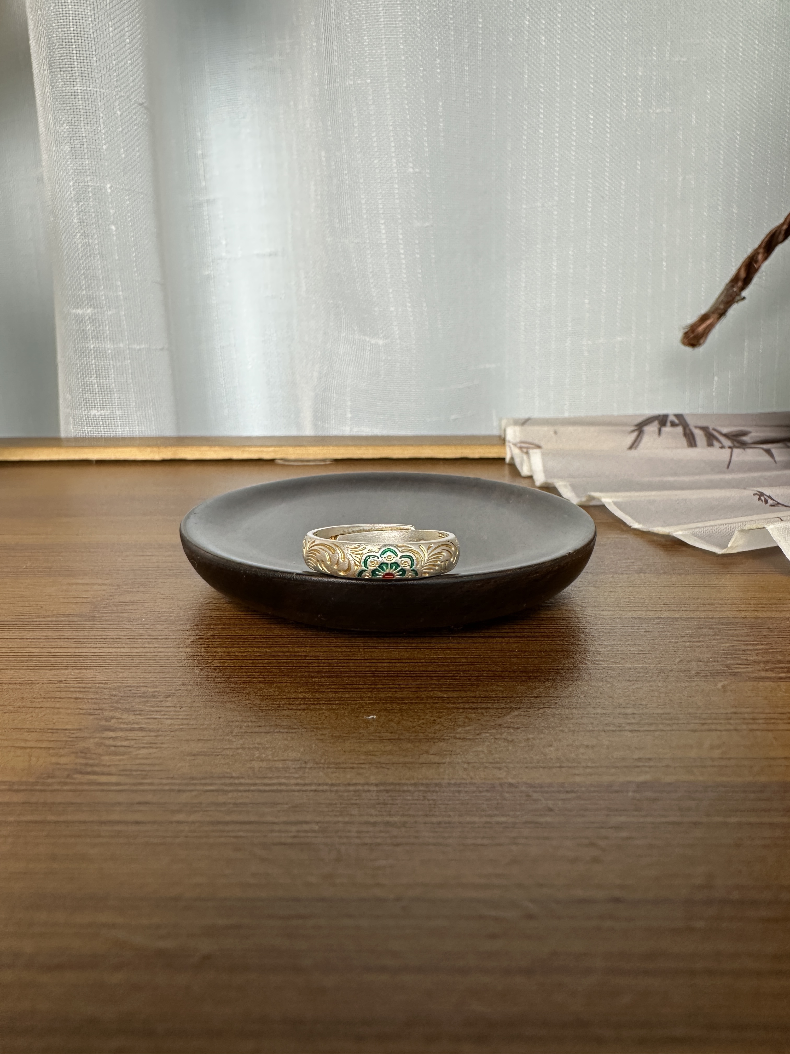 足银戒指 宝相花吉言描金戒指