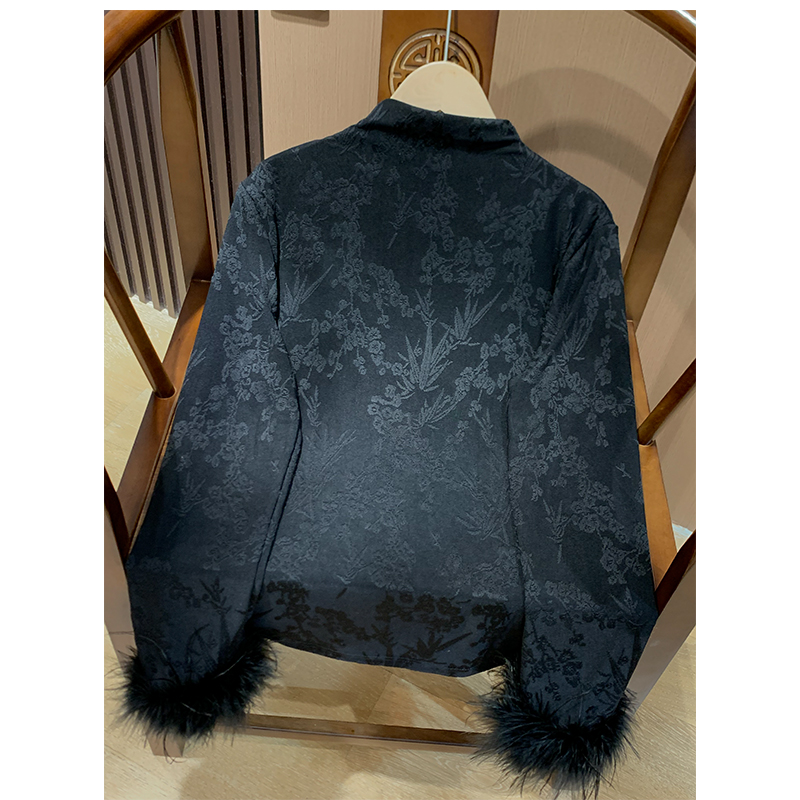 【蝴蝶衫】国风新中式半高领长袖鸵鸟毛刺绣宽松显瘦打底衫上衣女款