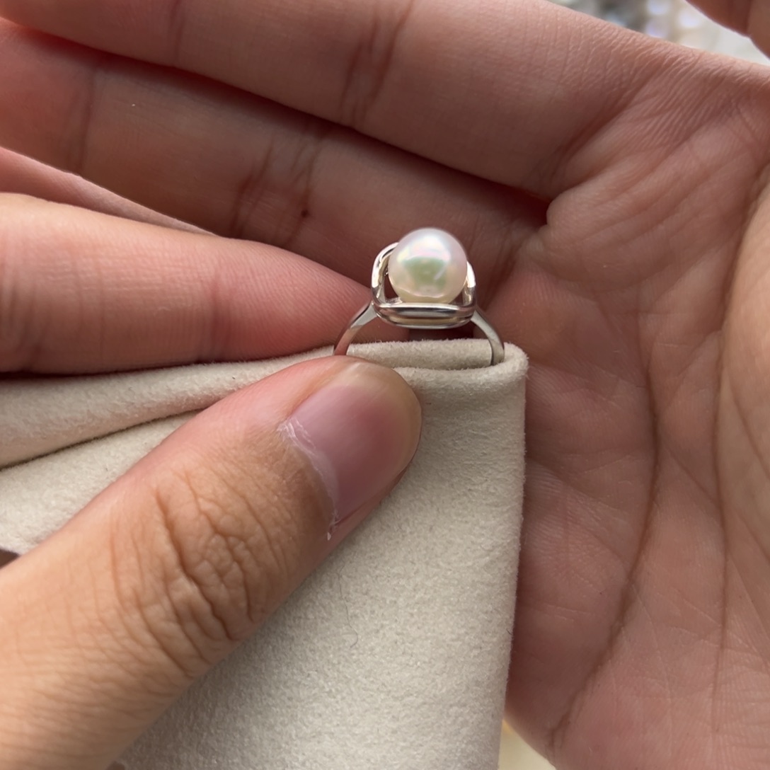 银S925镶嵌戒指海水珍珠7-8mm海水Ak粉光戒指