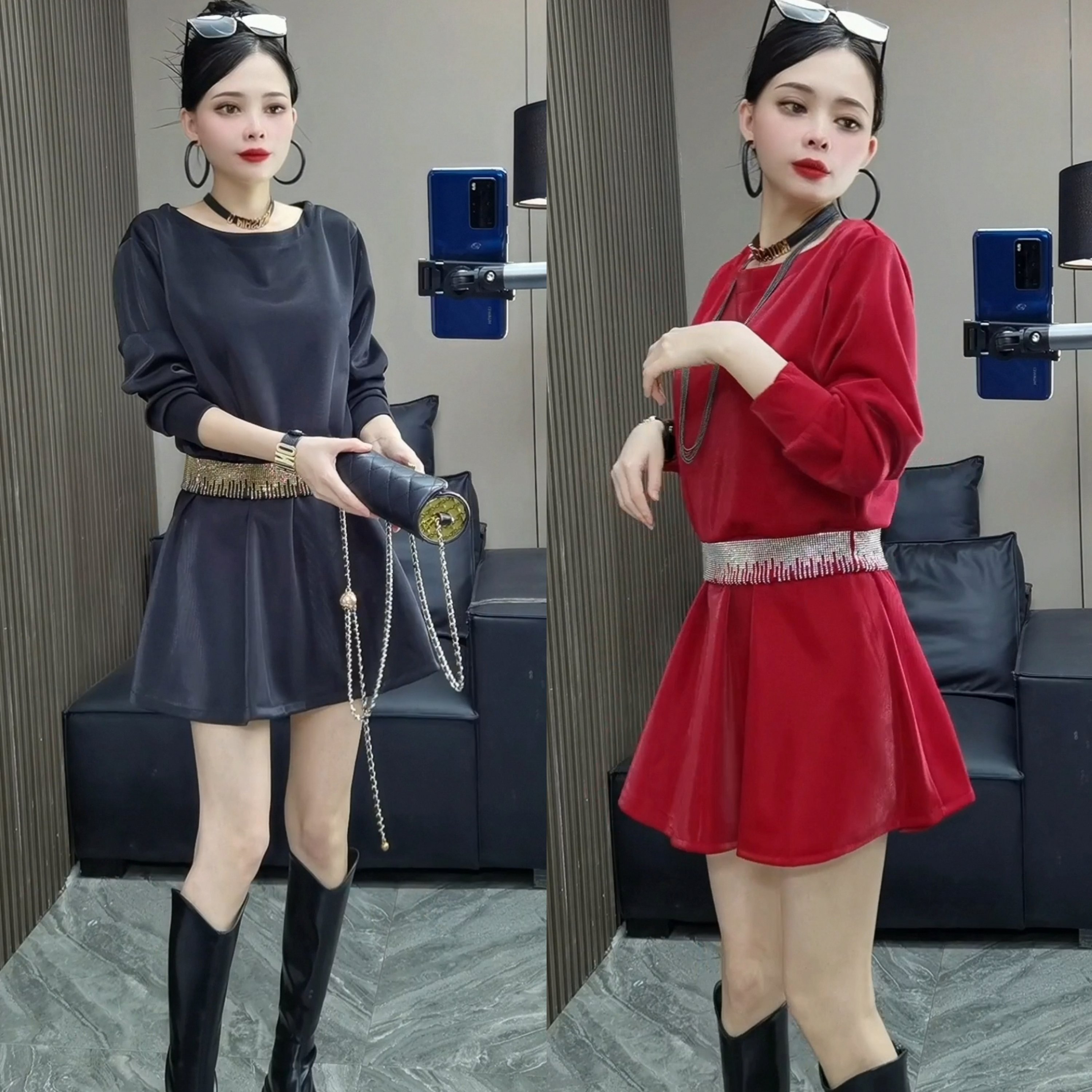 52#1xY2025秋冬新款赫本短款连衣裙女装高雅气质收腰烫钻亮显瘦裙