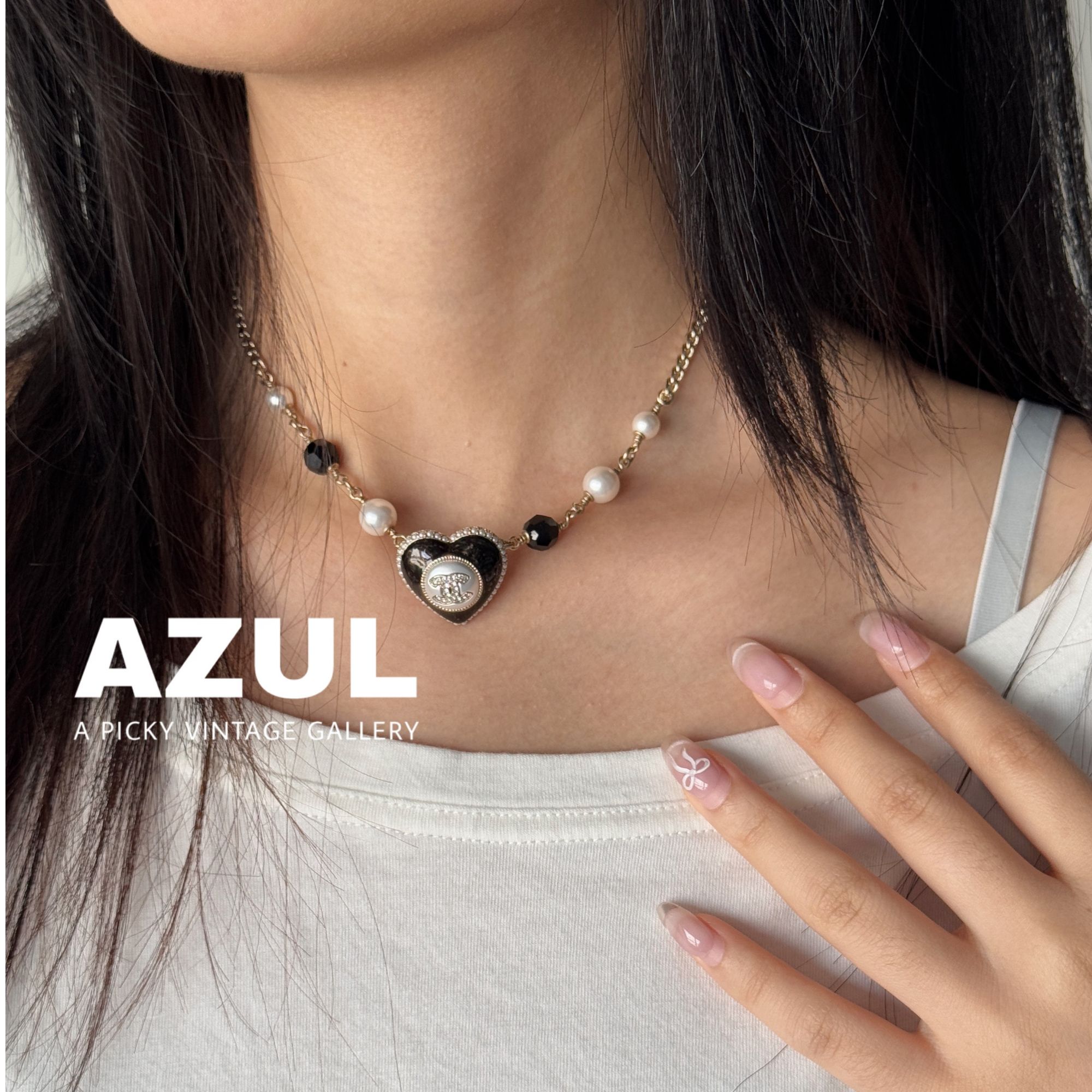 95新 Chanel/香奈儿 Azul - 22B浅金色亮钻双C珍珠爱心项链 37229