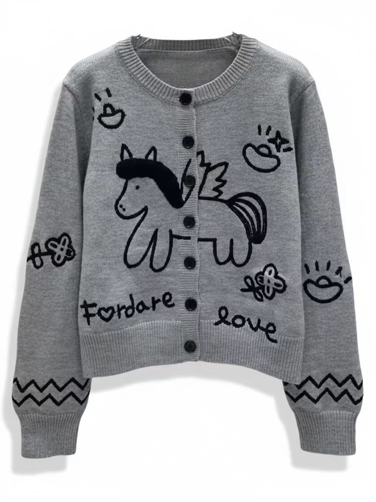 【马到成功】新年限定时尚百搭卡通小马圆领针织开衫.K51125a