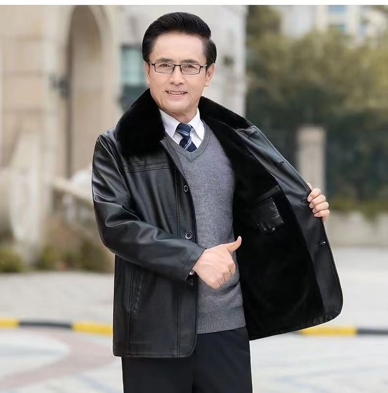 男士皮衣加绒加厚爸爸装纽扣款皮衣 全国包邮
