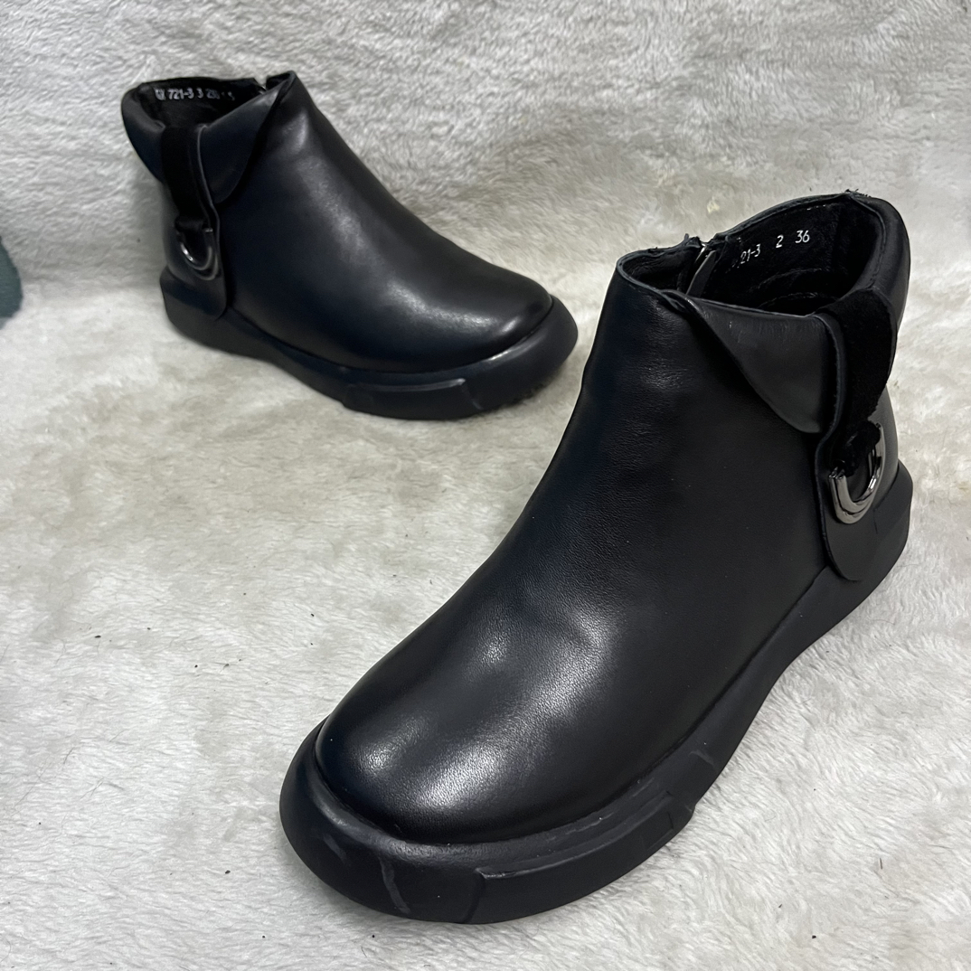 牛皮舒适黑色防滑冬季低跟保暖四季通用女短靴百搭时尚平底7213