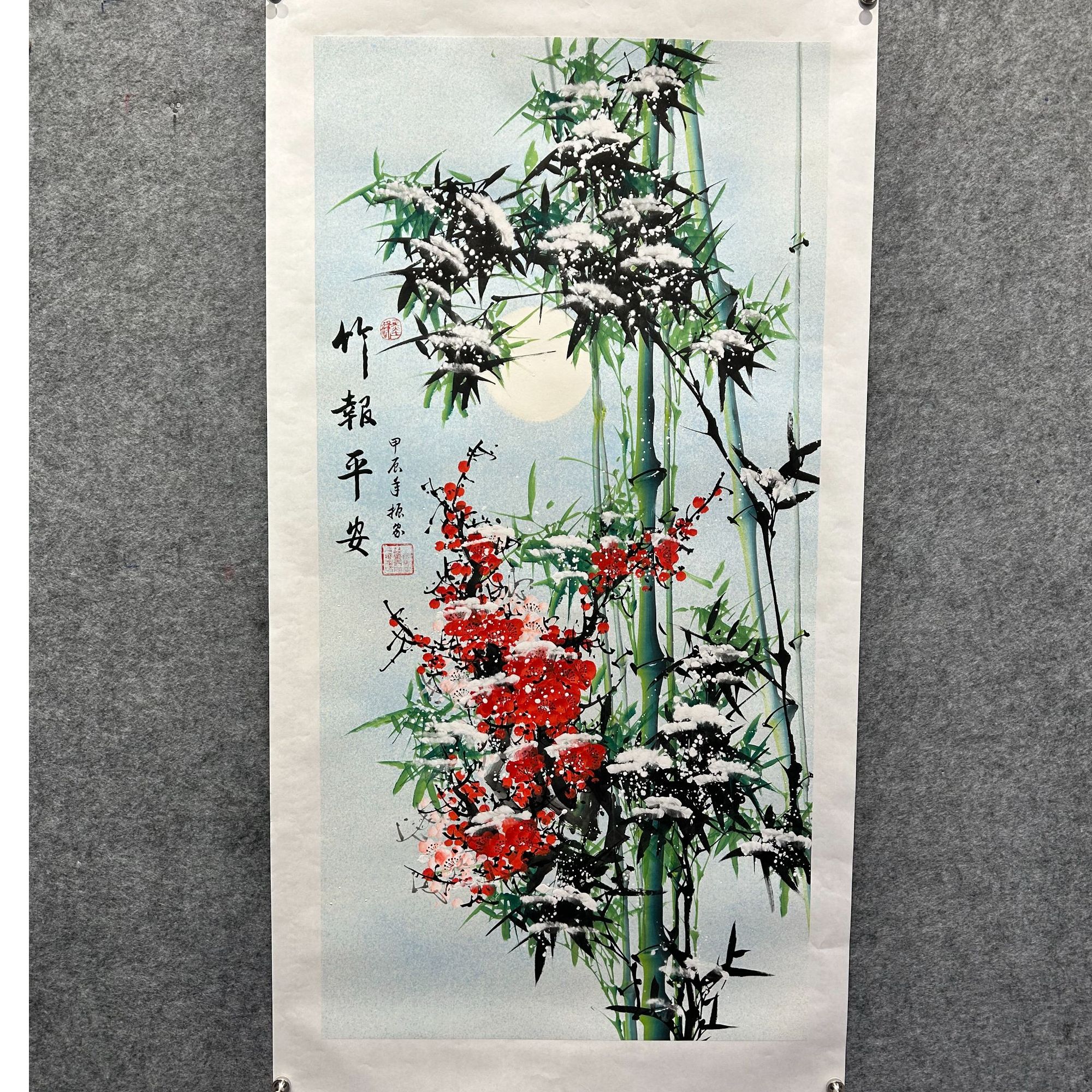 齐振家亲笔手绘冲天竹【竹报平安】150*80cm送龙纹圆筒收藏送礼作品