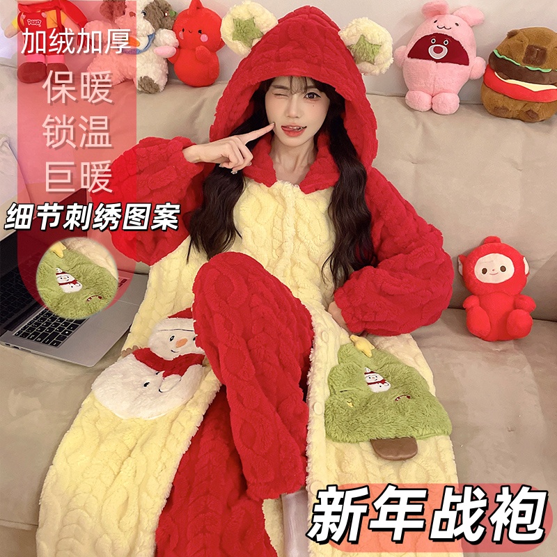 新年新款红色加绒加厚秋冬春季珊瑚绒卡通女可外穿睡袍家居服套装