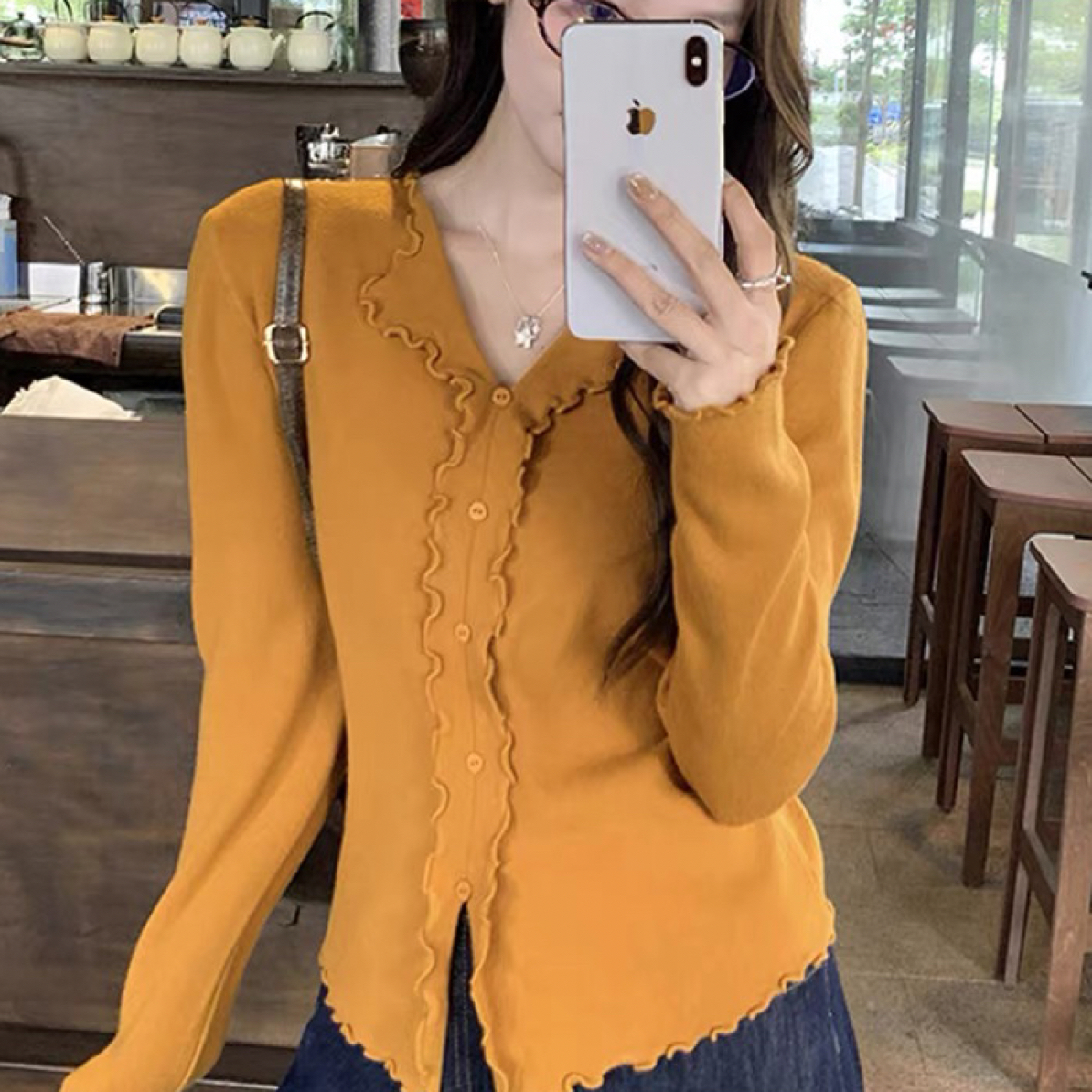 木耳边V领针织衫2025秋冬韩系温柔风显瘦百搭打底上衣