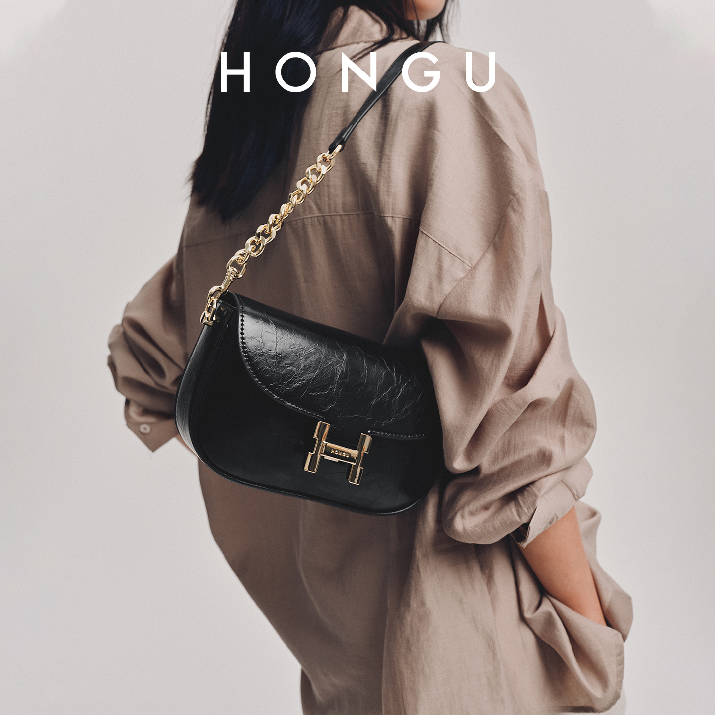 HONGU/红谷质感牛皮单肩包马鞍包时尚包包高级小众轻奢H5176889X