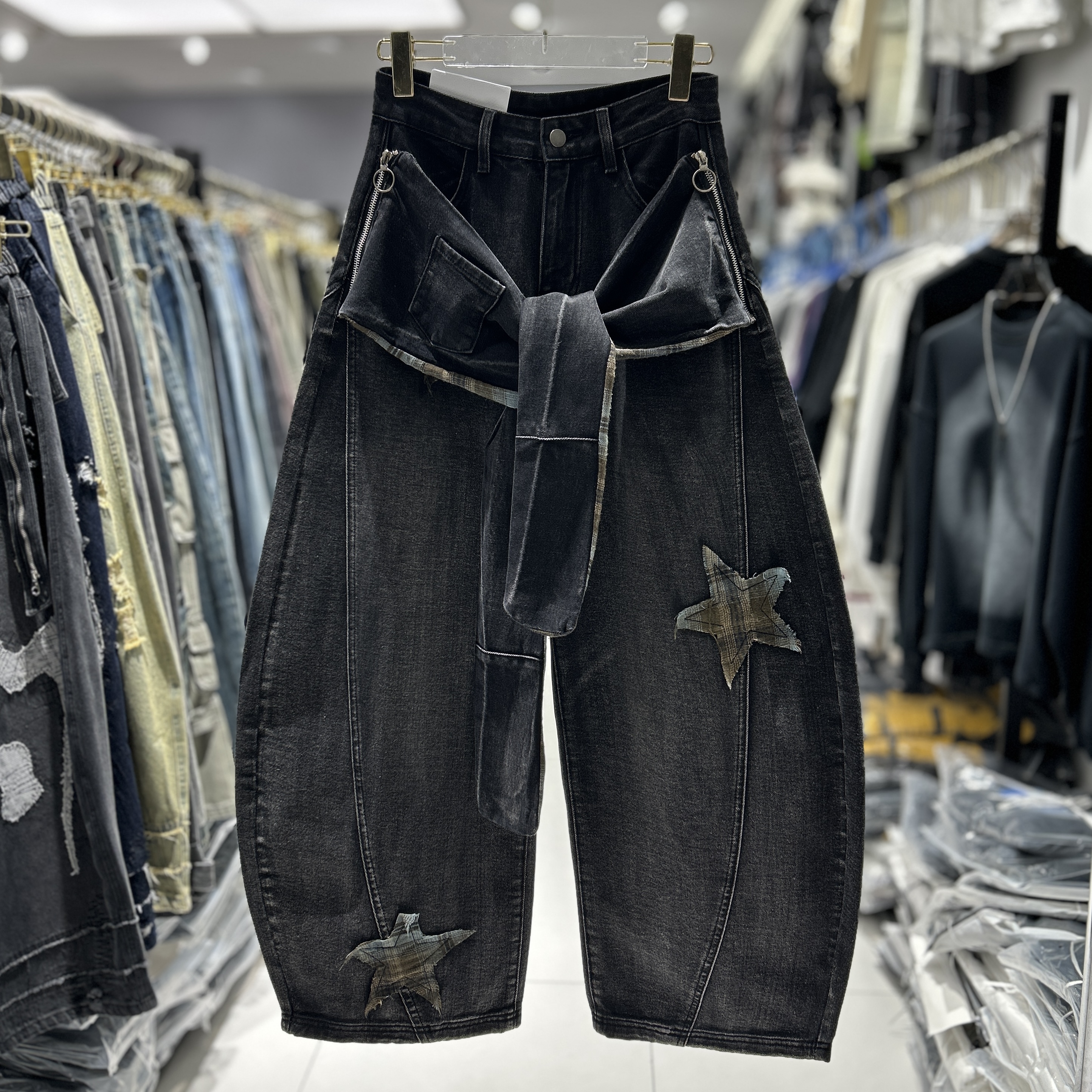YM潮牌·陈赫同款蛹可拆卸方块拉链水洗牛仔裤弯刀宽松阔腿裤2082