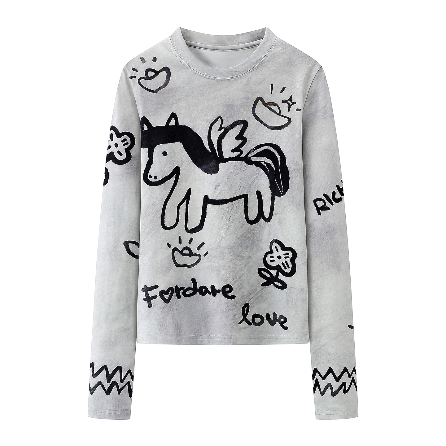 【随性小马】新款减龄马年印花圆领长袖T恤打底衫内搭上衣女.Y50365