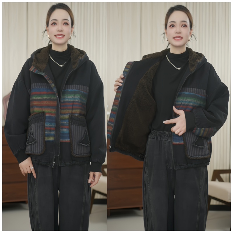秋冬新款连帽棉服冬季保暖加绒棉衣牛仔加厚外套宽松1230
