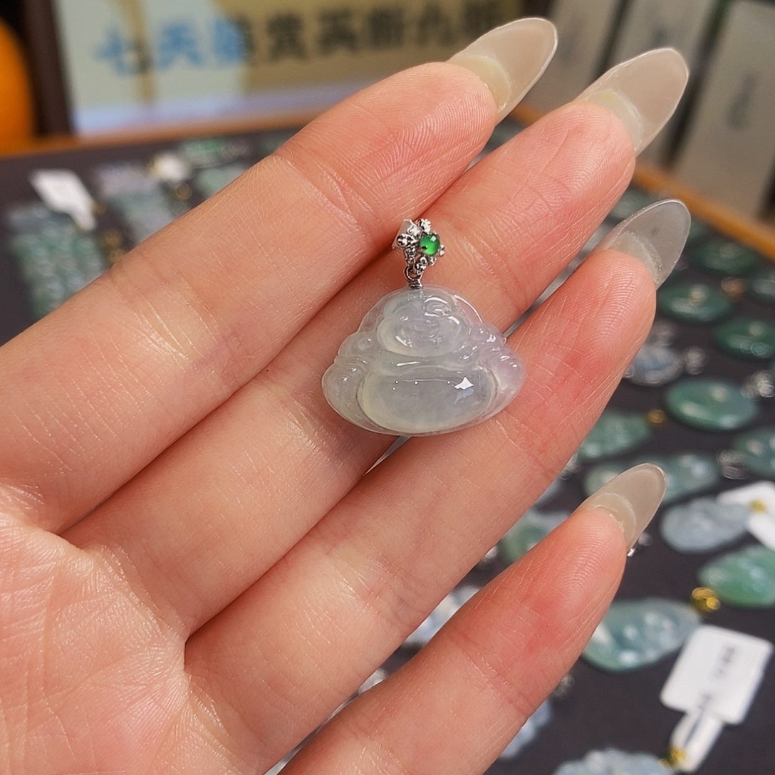 翡翠18K金镶嵌吊坠(赠链)天然缅甸翡翠吊坠佛公
