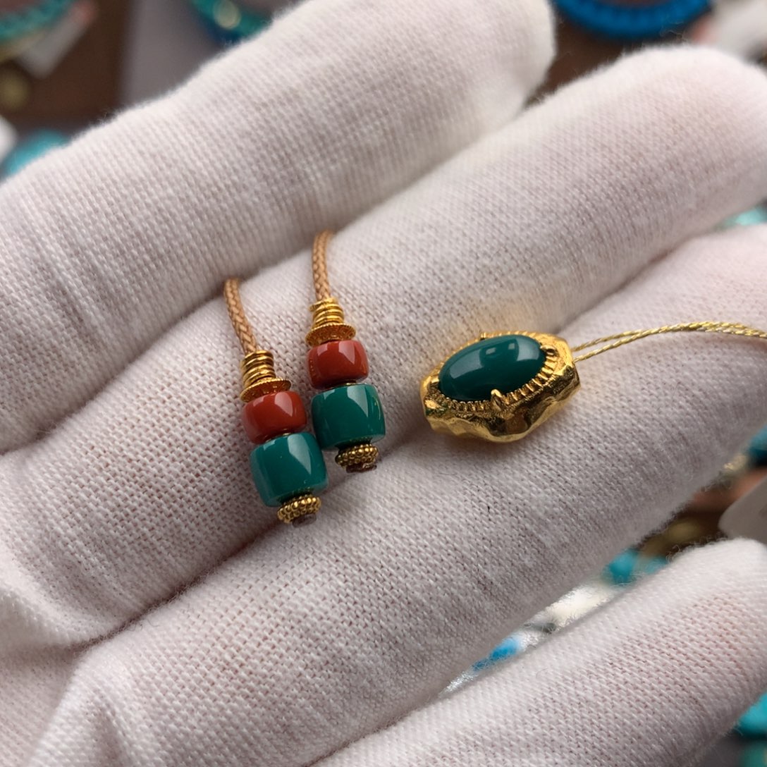 盐***虾绿松石18K金镶嵌发饰