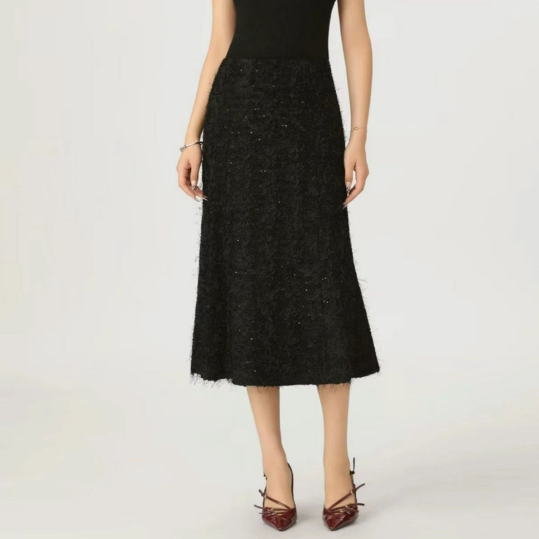 【北京阿玛施】5200404秋季新款复古小香千金风蕾丝流苏鱼尾半身裙 