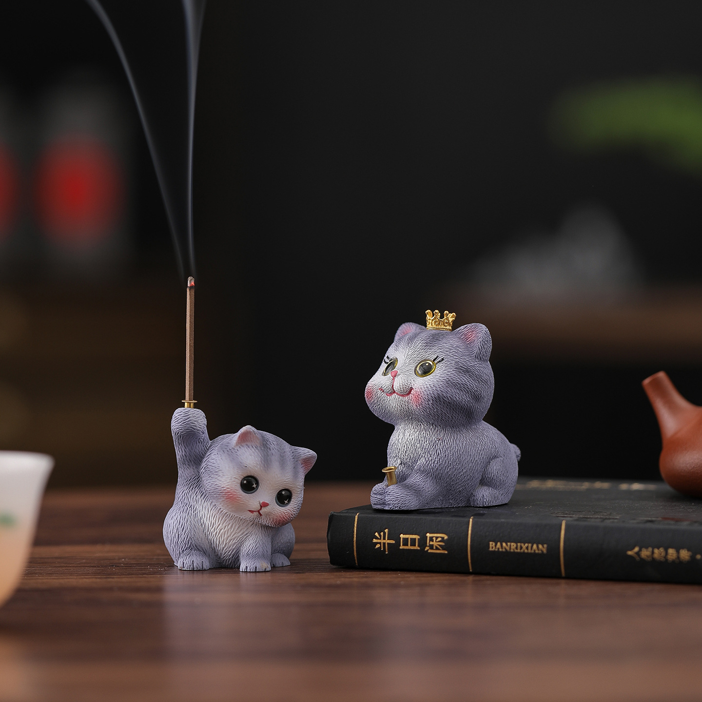 创意陶瓷可爱小猫香插香托香盘香座香薰炉摆件茶桌香道香道摆件