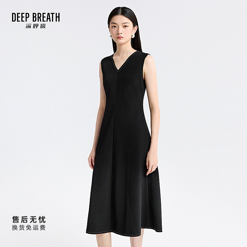 DEEP BREATH深呼吸前后V领斜纹肌理明线收腰长款连衣裙A500530