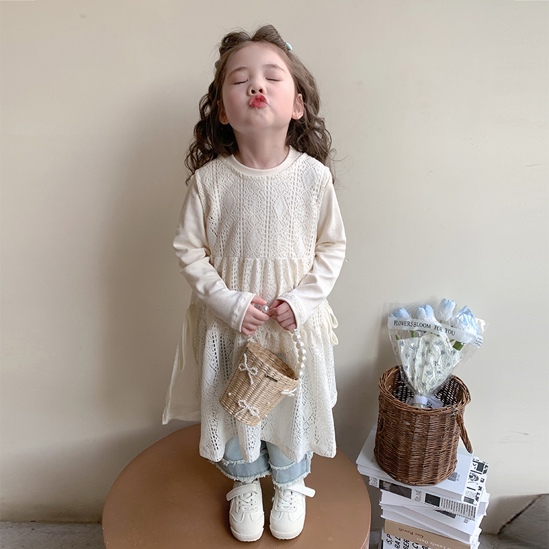 女童2025春季新款长裙套装女宝春秋韩版打底衫镂空连衣裙两件套