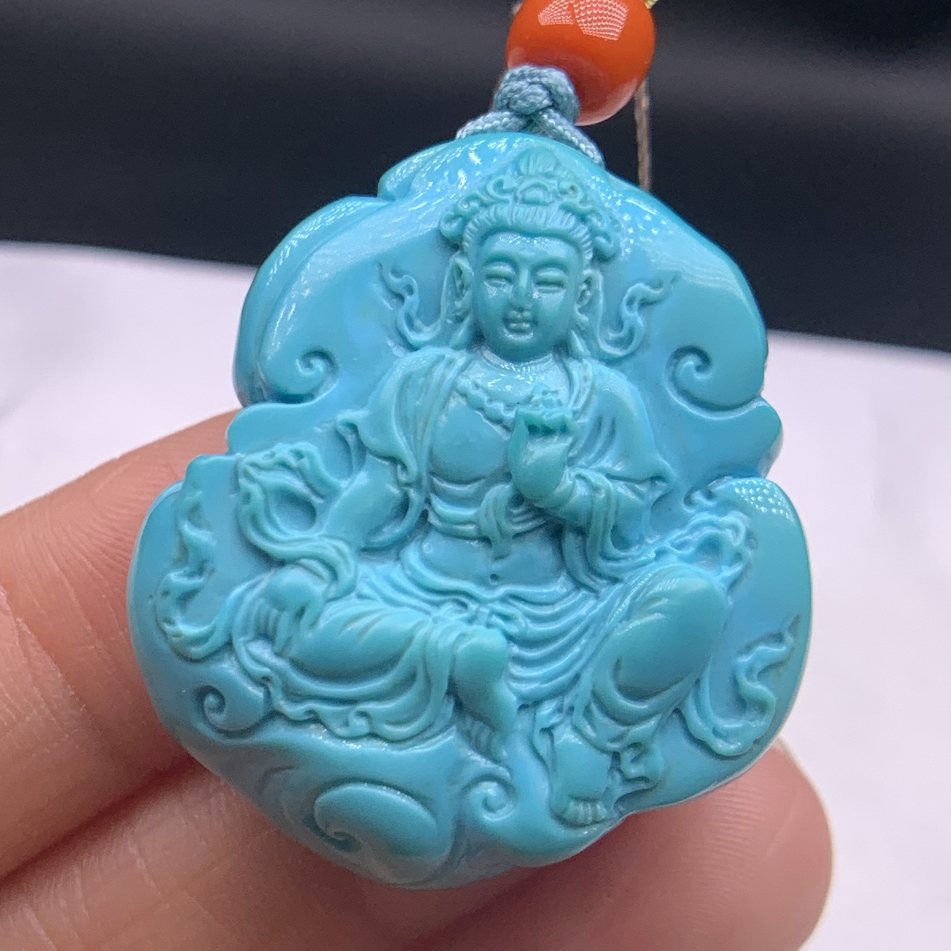 湖北十堰原矿绿松石精工雕刻观音尺寸29.2*14.4*32