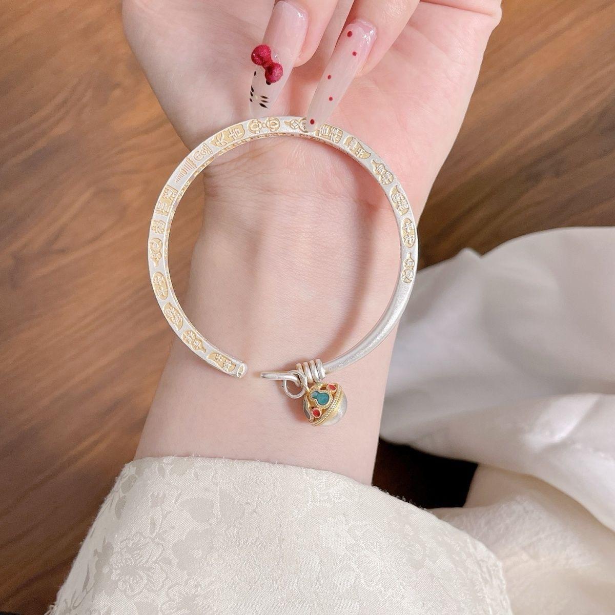 足银手镯 43号【四方福禄】珐琅彩葫芦铃铛平安喜乐足银999手镯开口