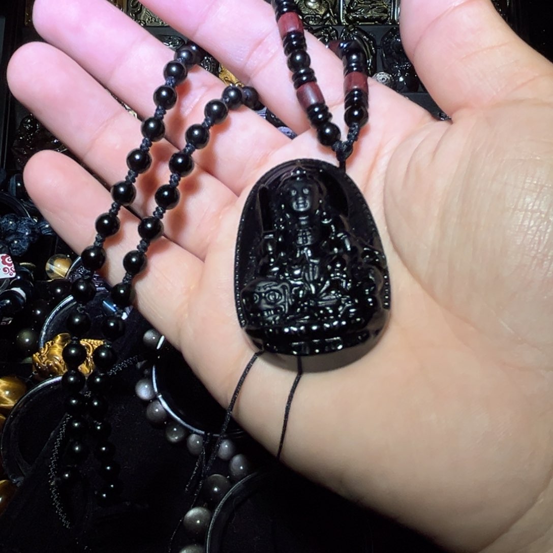 未镶嵌黑曜岩手链平*天然黑曜石文殊菩萨黑曜石链子