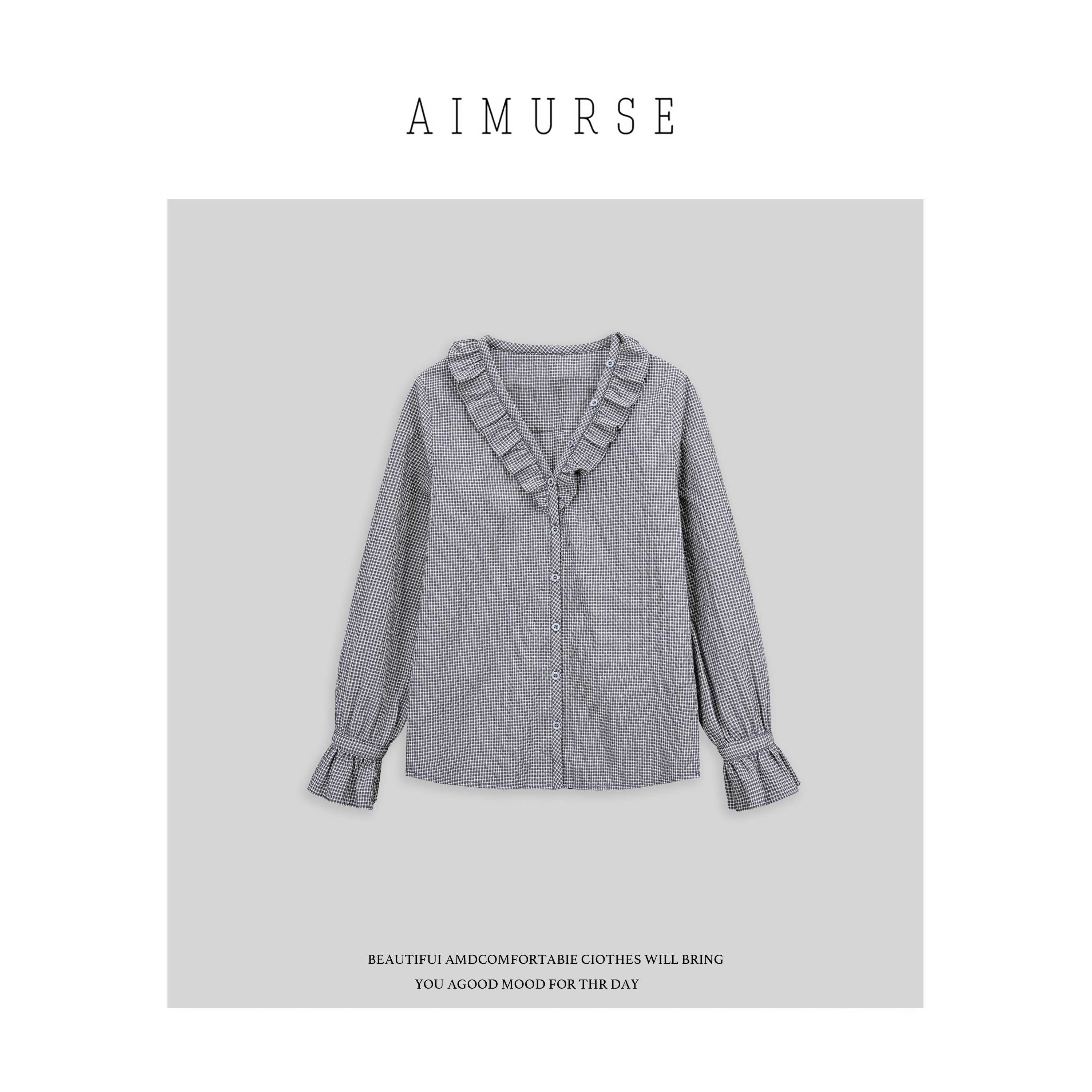 AIMURSE【山系日志】小众设计师 纯棉格子荷叶领休闲衬衫 AM80175