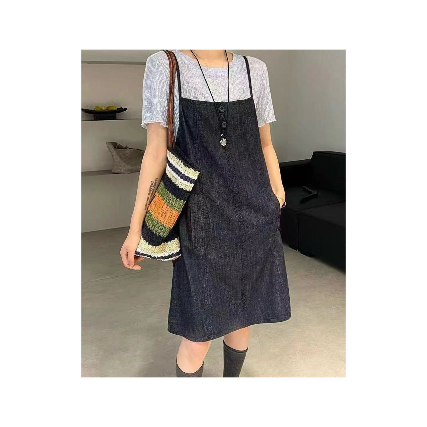 PLUR·PAN简约气质吊带牛仔连衣裙配T恤套装