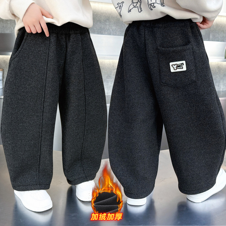 男童冬装加绒裤子秋冬款中小童装冬季儿童时尚宽松防寒加厚弯刀裤