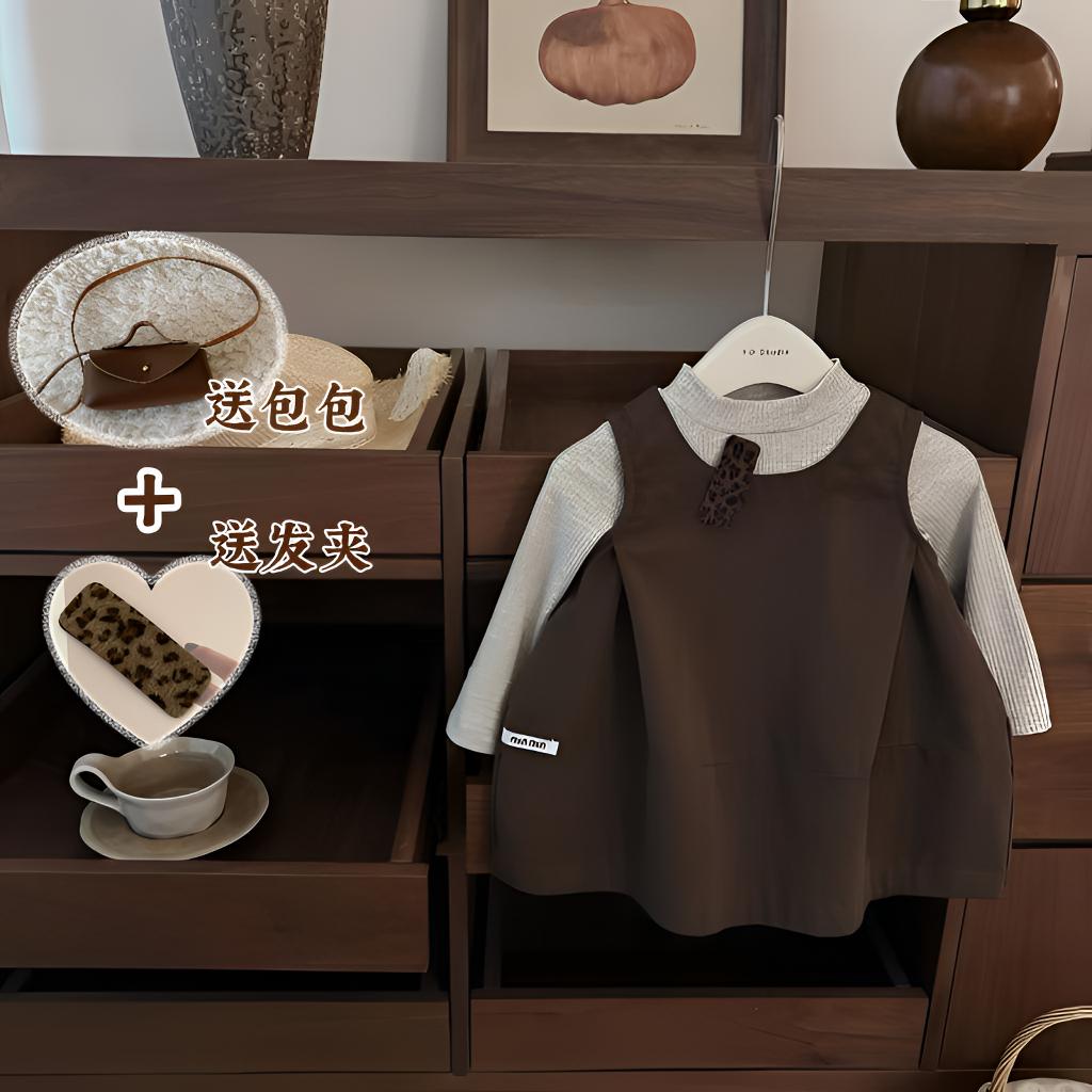 燕麦奶咖！女童韩系花苞背心裙2025新款儿童宝宝打底衫连衣裙套装