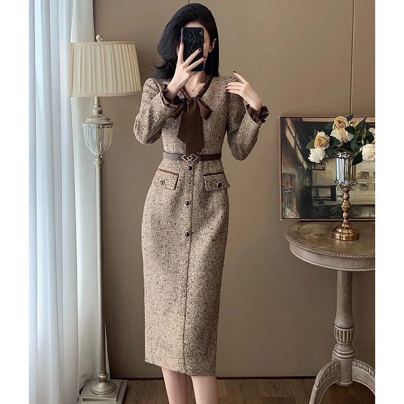 【有里布】【送腰带】气质收腰裙子名媛富家千金小香风连衣裙女QJ0150