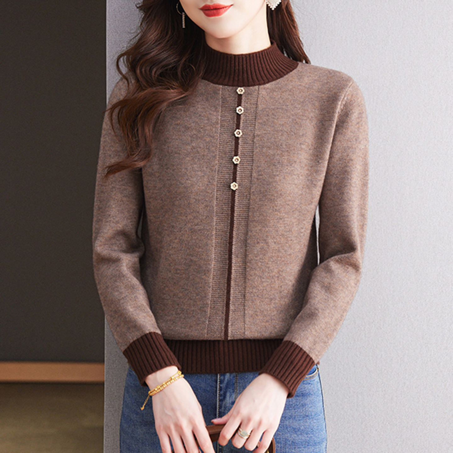 品牌羊毛衫--国货品牌专柜秋冬套头时尚拼色半高领针织衫