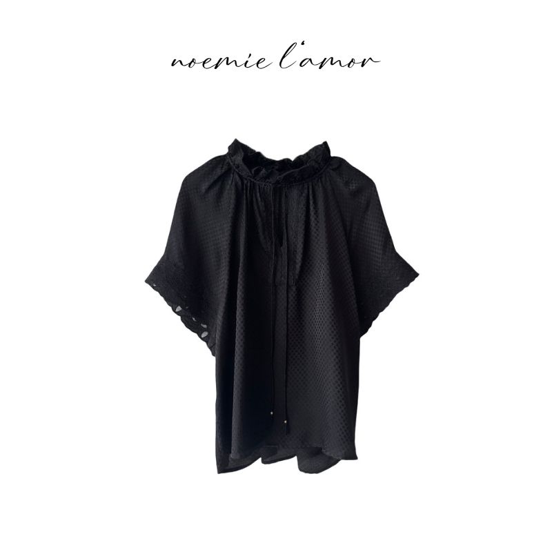 【诺糸.哲学】7073黑色蕾丝短袖上衣女 2025 新款 木耳边系带时尚衫