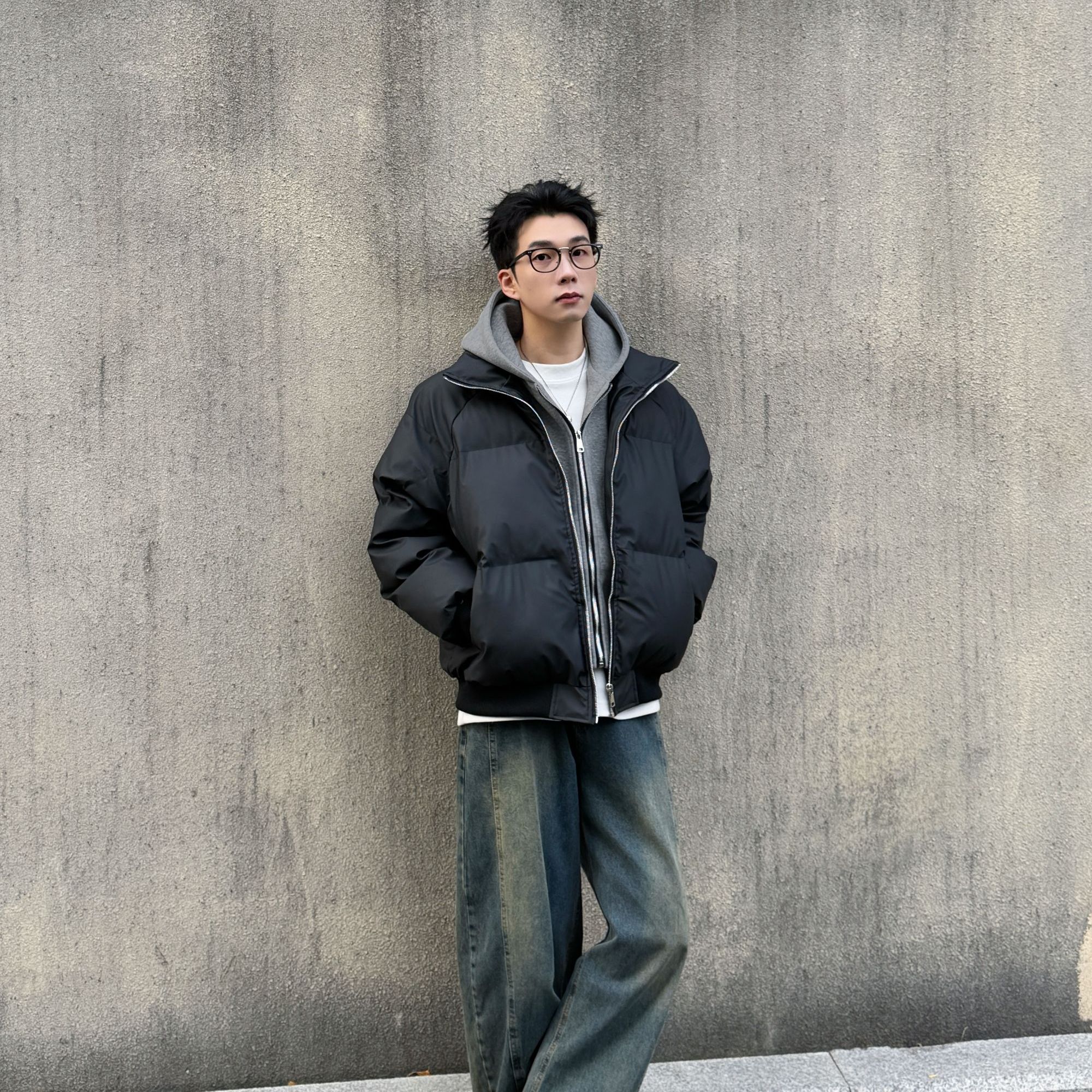 美式假两件PU皮连帽棉衣男潮牌短款廓形夹克外套冬季加厚保暖棉袄
