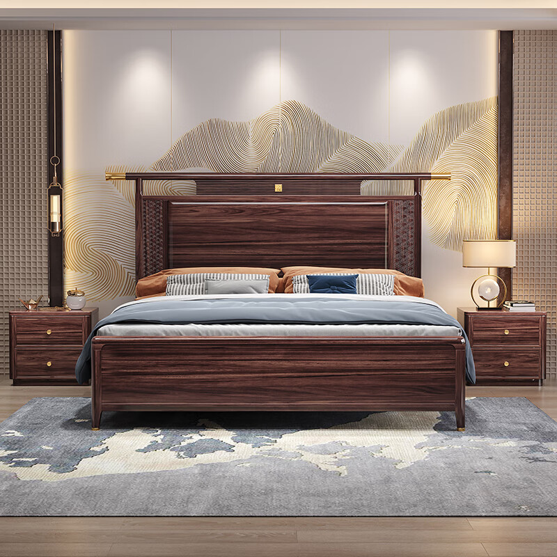 新中式乌金木实木床1.8米双人大床储物高箱主卧婚床经济型