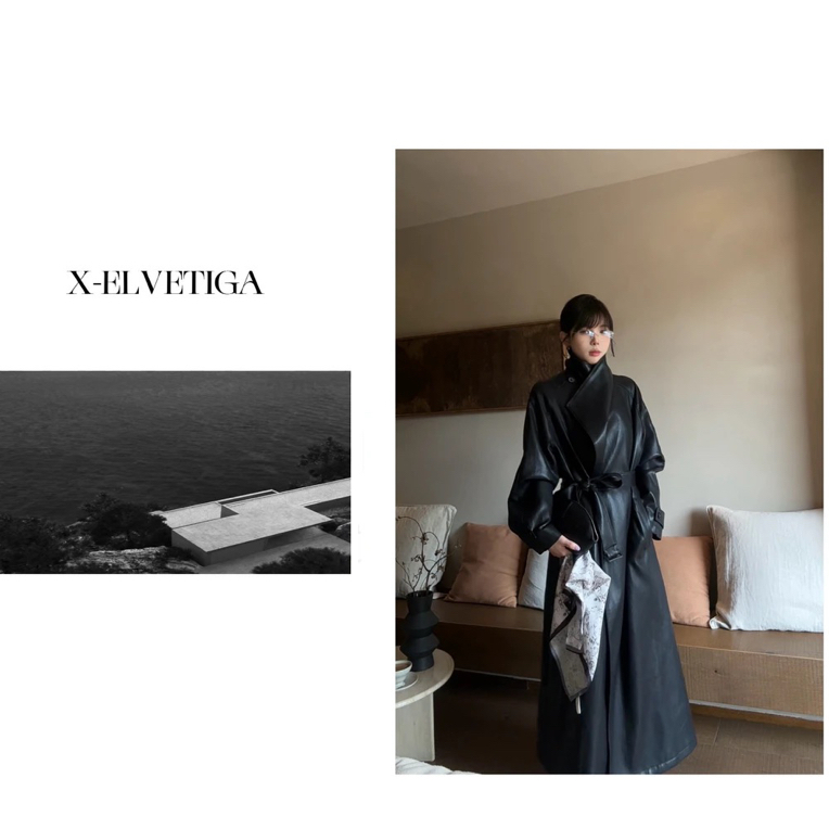 【美姐X-ELVETIGA】设计王皮衣/秋冬季时尚百搭长版宽松设计感皮衣