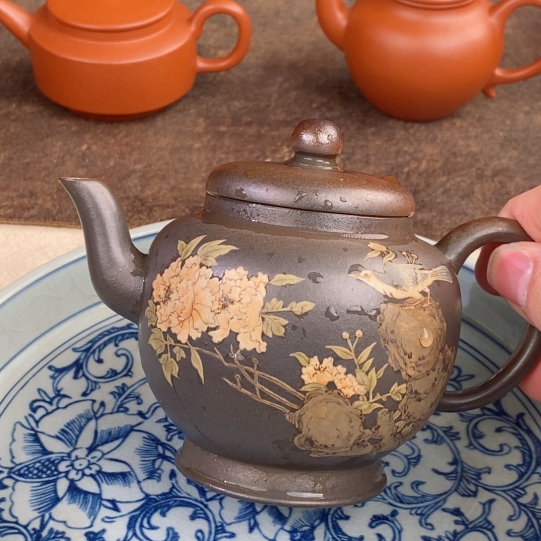 紫砂茶壶泥绘南洲高士紫泥220毫升