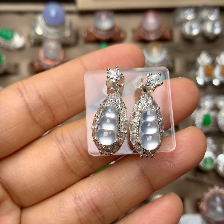 翡翠合金戒指翡翠高冰炸光豆子耳坠