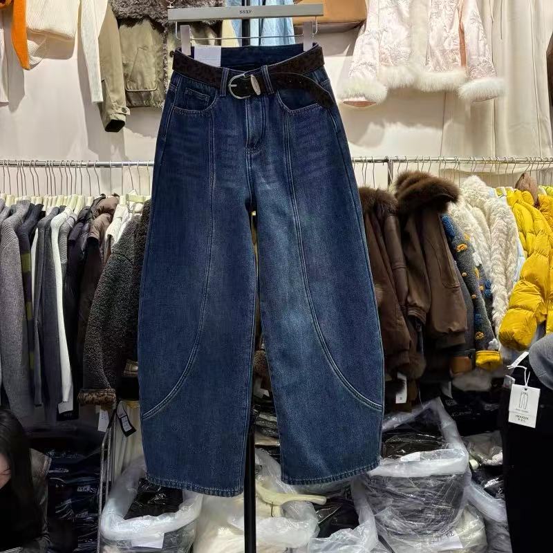 冬季慵懒风性感风中腰褶皱牛仔裤春秋复古裤子大码