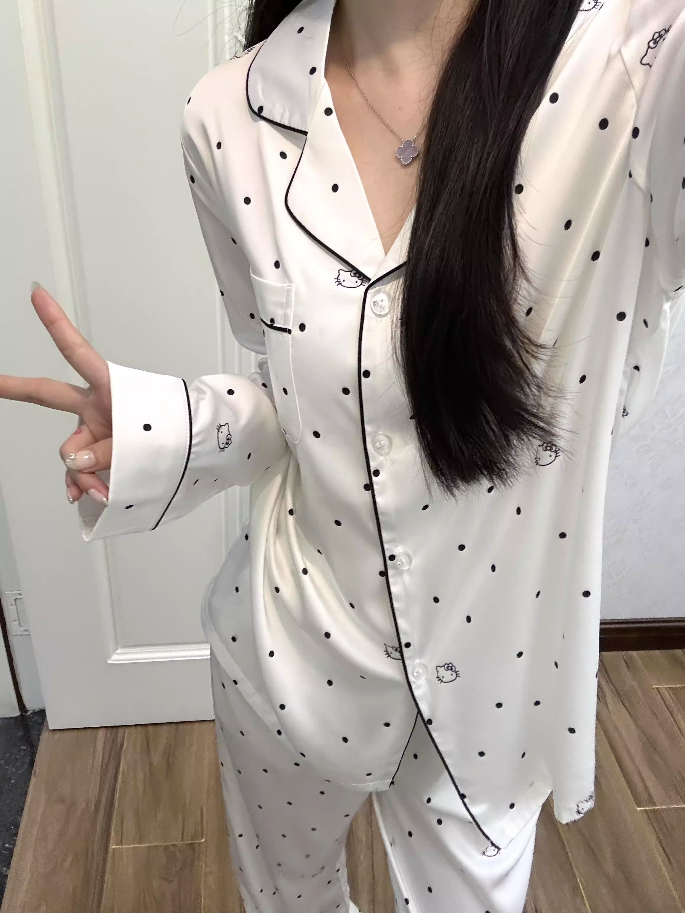 ins韩版波点小猫冰丝睡衣女款春秋2024大码仿真丝缎面家居服套装