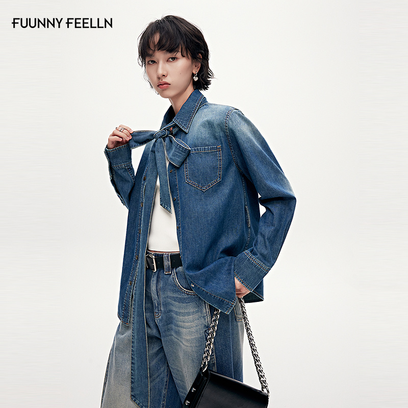 FF仿佛牛仔衬衫飘带设计感女2025早秋新款时尚质感长袖上衣衬衣