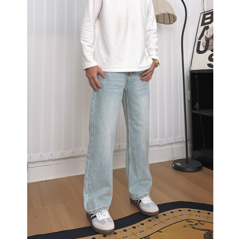 WK叁金【小个子蓝色牛仔裤】复古冰蓝做旧纹理四季百搭直筒休闲长裤